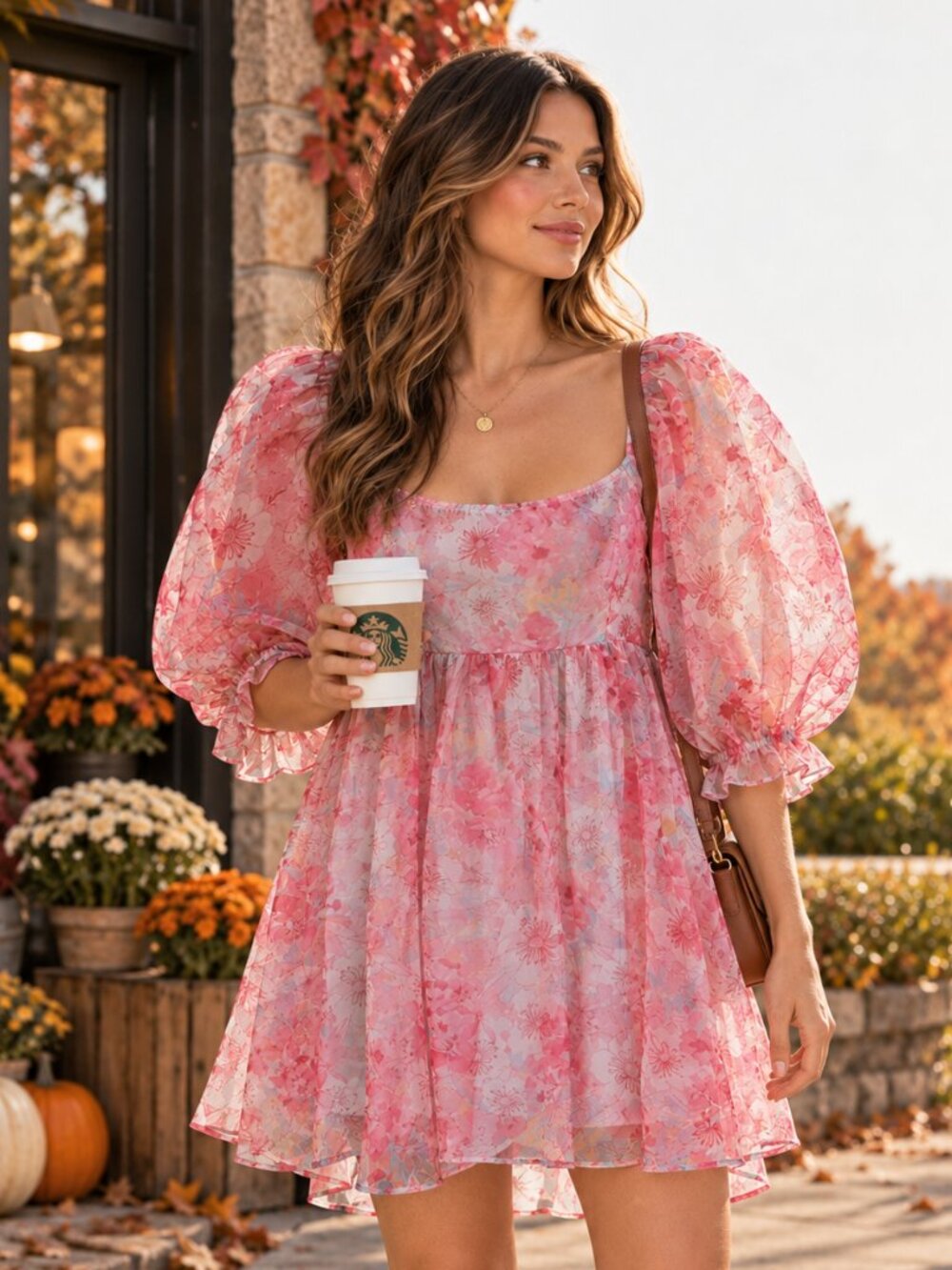 Audrey Parks Francesca's Pink Floral Puff Sleeve Smocked Back Mini Dress Size LG